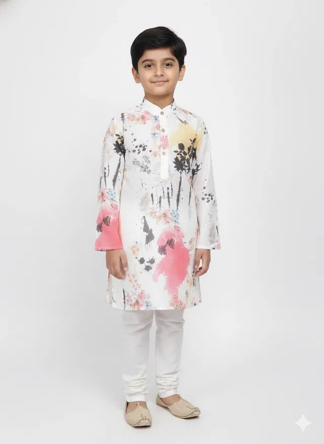 Silk Blend Printed Kurta & Paints Set for Boys , Cream (4-5 Years)