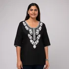 Star Design Cotton Embroidery Short Kurti For Women (Black) Size (S)