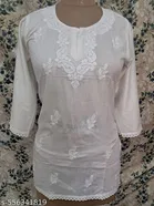 Cotton Chikankari Short Kurti for Women, White 
