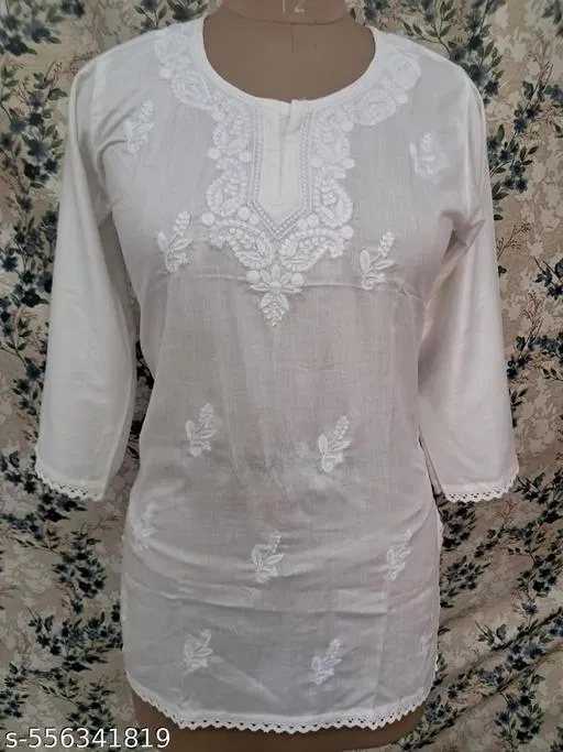 Cotton Chikankari Short Kurti for Women, White (XXL)