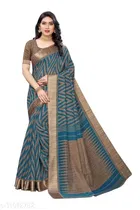 Linen Printed Saree for Women, Teal 