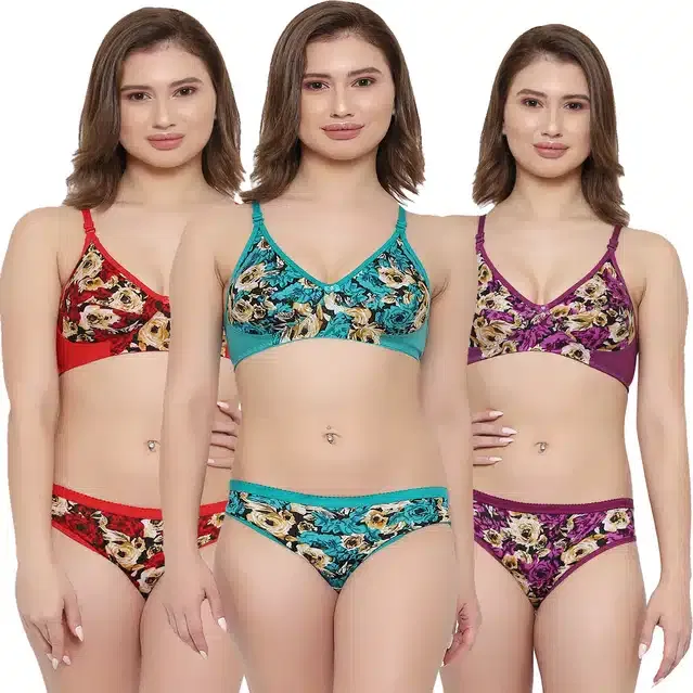 Cotton Blend Lingerie Set for Women (Multicolor, 32) (Set of 3)