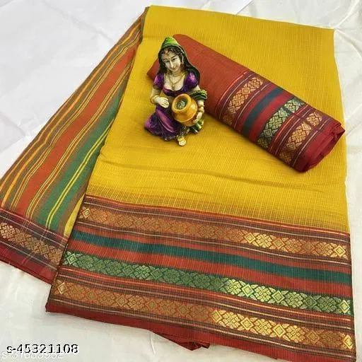 Kota Doria Cotton Saree for Women (Yellow)