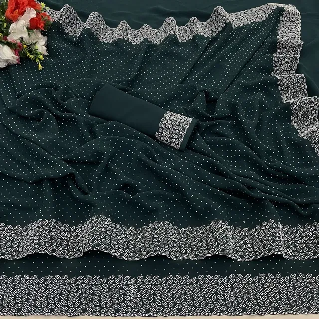 Georgette Woven Design Saree for Women (Bottle Green, 6.3 m)