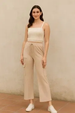 Poly Rib Straight Trouser / Pant for Women (Beige, XL)