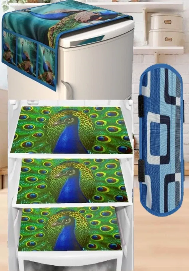 PVC Printed Fridge Top Cover with 3 Pcs Shelf Mats & Handle Cover (Multicolor, Set of 1)