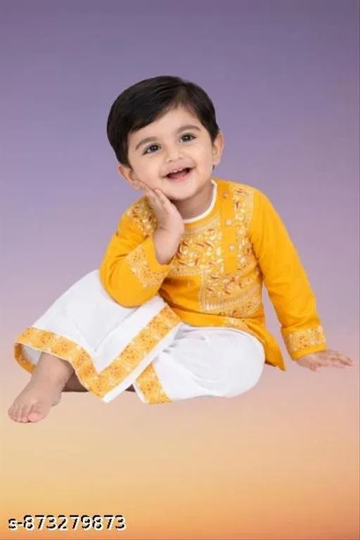 Embellished Cotton Kurta Set for Boys (Black, 6-9 Months)