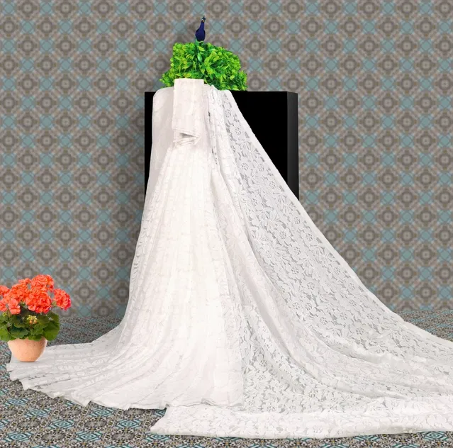 Net Floral Saree for Women (White , 6.3 m)