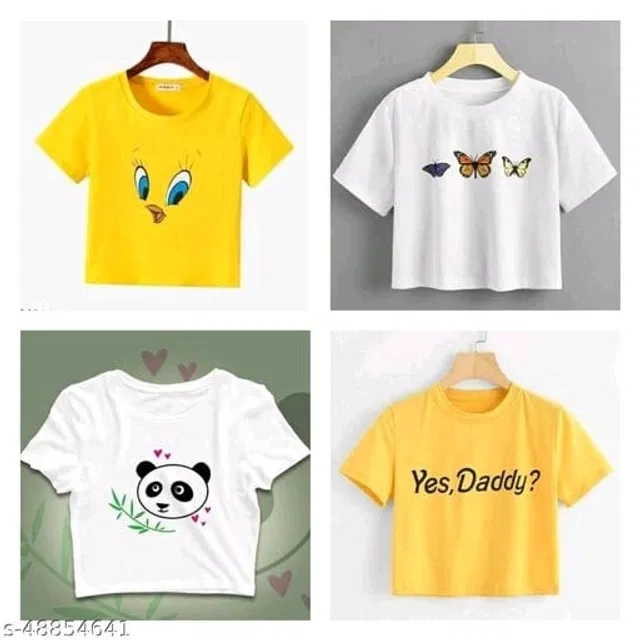 Round Neck Printed Crop T-Shirts for Women (Multicolor, XL) (Pack of 4)