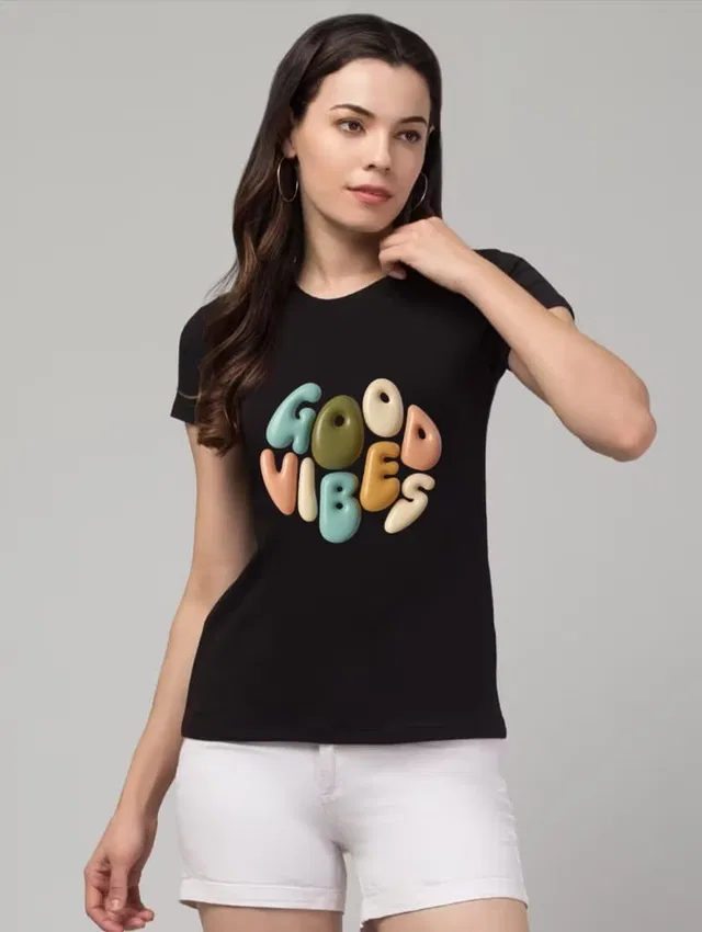 Cotton Blend Printed T-shirt for Women, Black (XL)