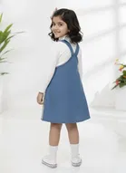 Silk Denim Printed Frock For Girls, White & Blue 
