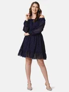 Georgette Polka Dots Dress for Women (Navy Blue, S)