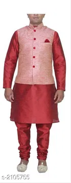 Banarasi Dupion Silk Solid Kurta with Pyjama & Jacket for Men 
