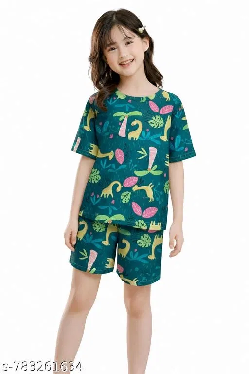 Night Suit for Girls (Green, 7-8 Years)