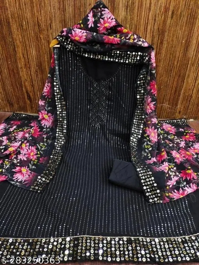 Embroidered Unstitched Suit for Women (Black & Pink, 2.25 m)