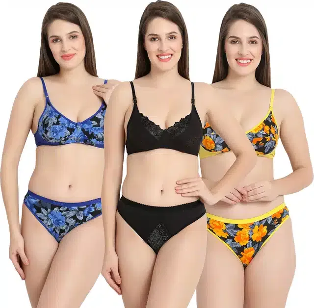 Cotton Blend Lingerie Set for Women (Multicolor, 36) (Set of 3)