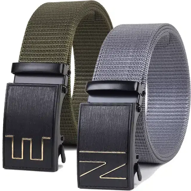Casual Nylon Belts for Men (Green & Grey, Pack of 2)