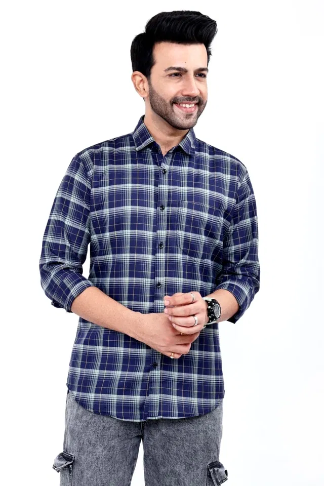 Cotton Blend Checked Shirt for Men, Blue (M)