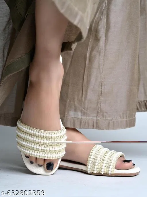 Embellished Flat Sandals for Women (Cream, IND-4)