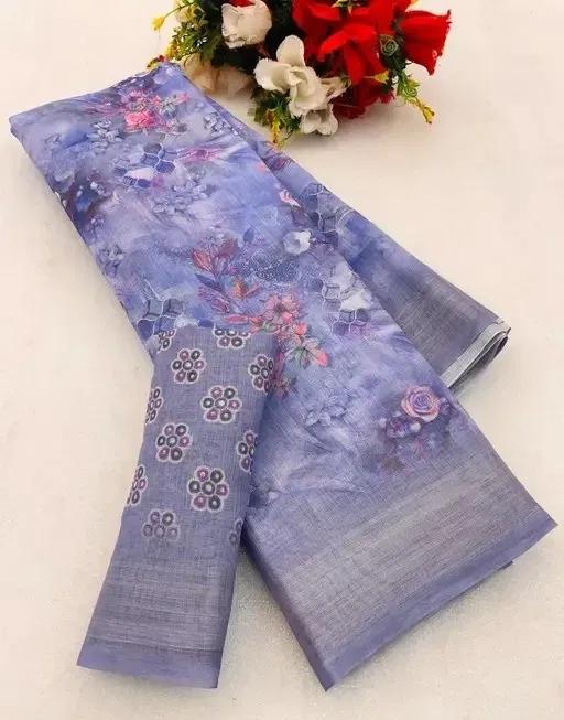 Cotton Linen Printed Saree for Women (Lavender, 6.3 m)