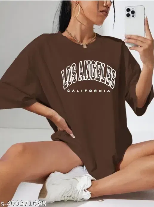 Chest Print Cotton Blend T-Shirts for Women, Brown (M)