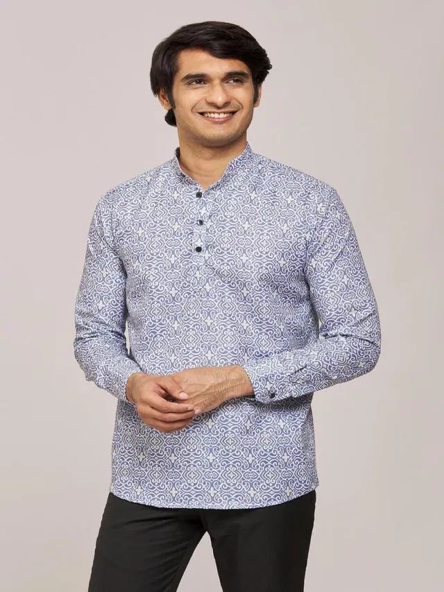 Cotton Blend Printed Kurta for Men (Light Grey, XXL)