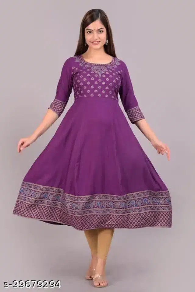 Anarkali Rayon Printed Kurti for Women (Purple, M)