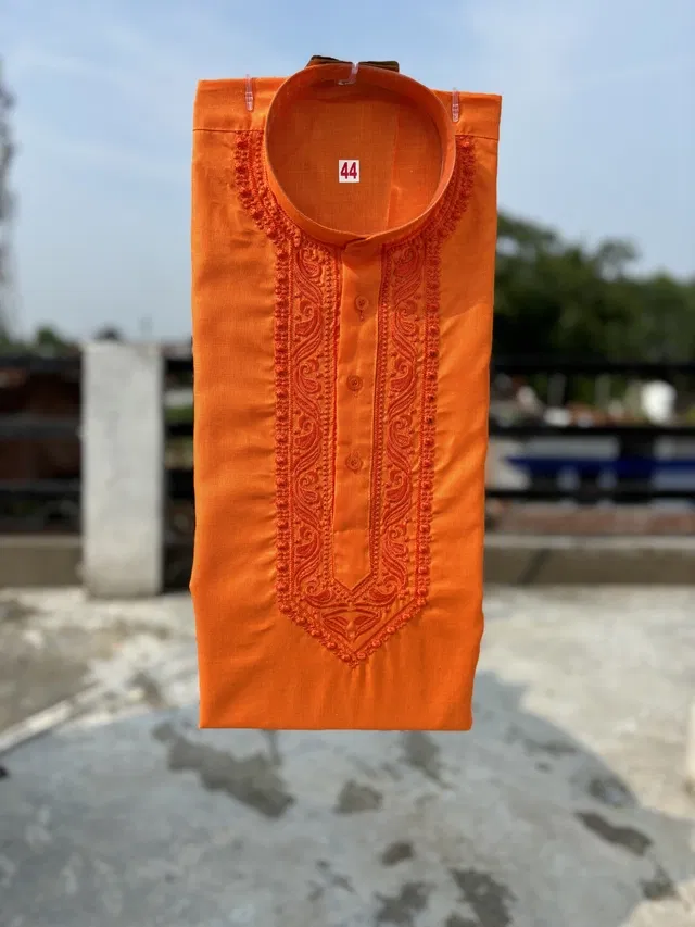 Cotton Embroidered Kurta for Men (Orange, XL)