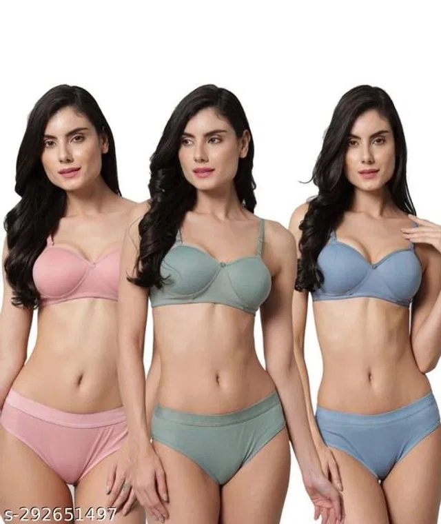 Cotton Blend Solid Lingerie Set for Women (Multicolor, 38B) (Pack of 3)