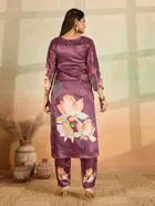 Cotton Blend Printed Kurti With Pant & Dupatta for Women, Purple 