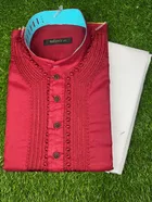 Cotton Blend Embroidered Kurta with Pyjama for Men, Maroon & White (M)