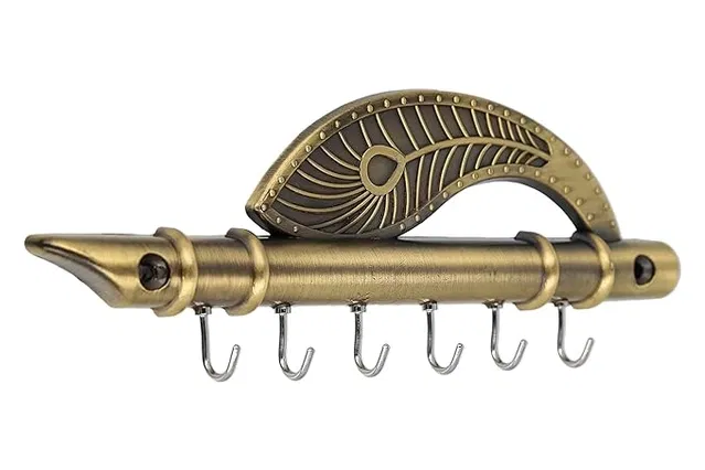 Premium Krishna'S Flute & Peacock Quills Key Stand Key Holder for Home & Office (Genuine)| Antique Brass Key Holder