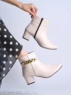 Shoetopia Solid Synthetic Heeled Boots Cream 
