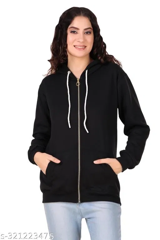 Fleece Solid Jackets for Women (Black, M)