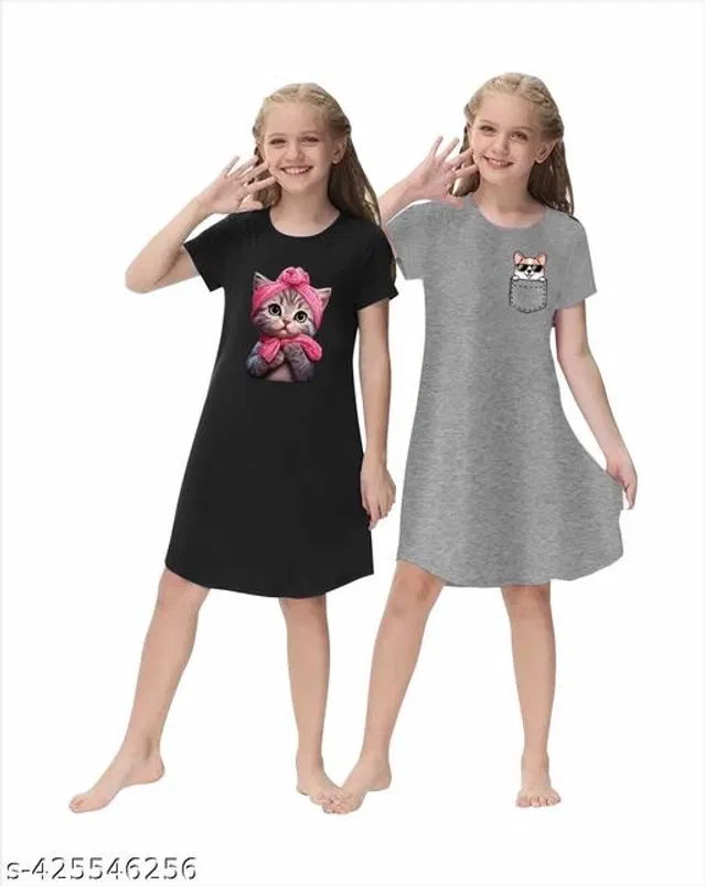 Cotton Blend Dress for Girls (Multicolor, 2-3 Years) (Pack of 2)