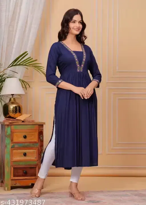 Solid Crepe Kurtis for Women, Navy Blue (M)