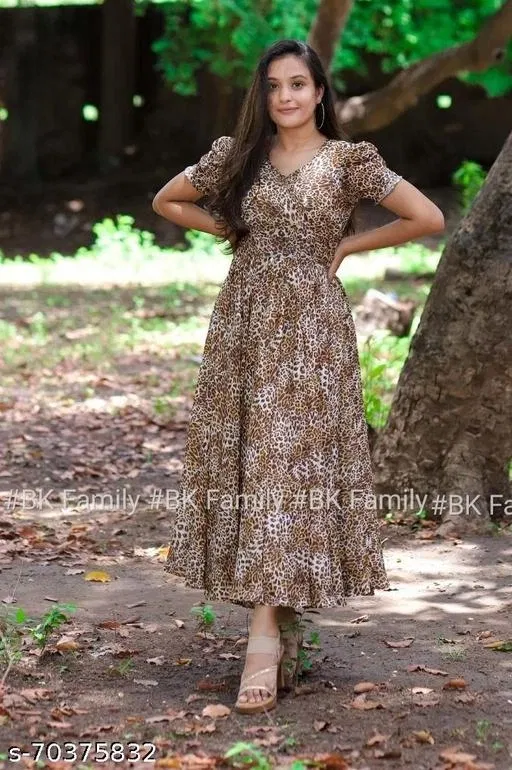 Tiger Printed Designer One Piece Anarkali Dress for Women (Brown, 4XL)