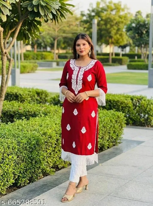 Chikankari Kurta Set for Women (Red, XL)
