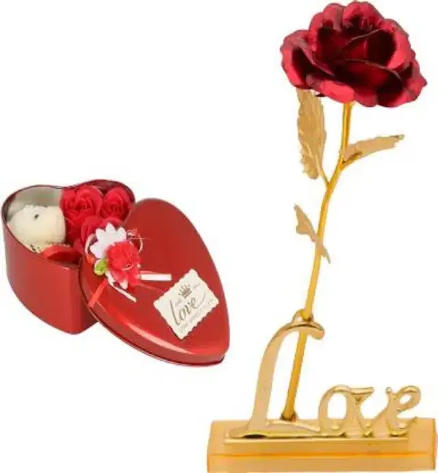 Plastic Artificial Rose & Heart Shape Box with Teddy Bear (Multicolor, Set of 3)