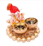 Metal Decorative Ganpati Haldi Kumkum Stand with 2 Roli Chawal Holder, Multicolor
