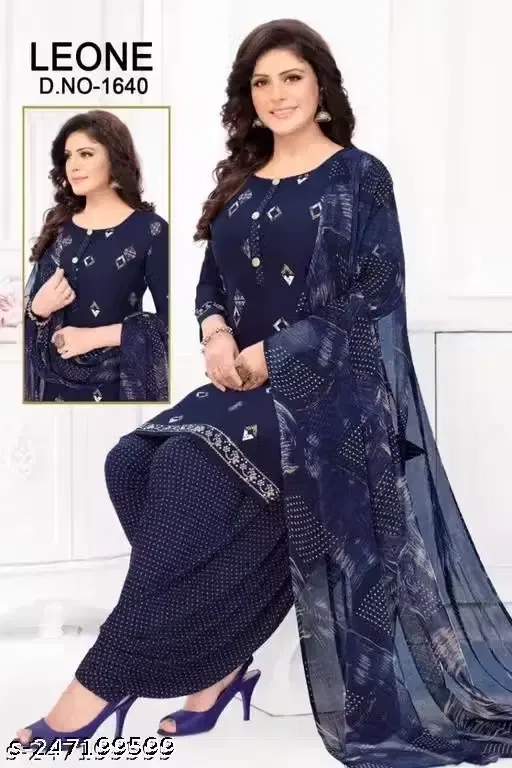 Printed Crepe Unstitched Suit Fabric for Women, Navy Blue (Free size)