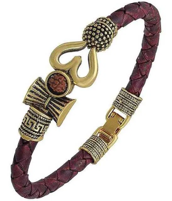 BHARDWAJ RETAILS Rudraksha OM Trishul Damroo Designer Oxidized Gold Bahubali Leather Kada Bracelet for Men & Women (Assorted) (Pack of 1) (BR25)