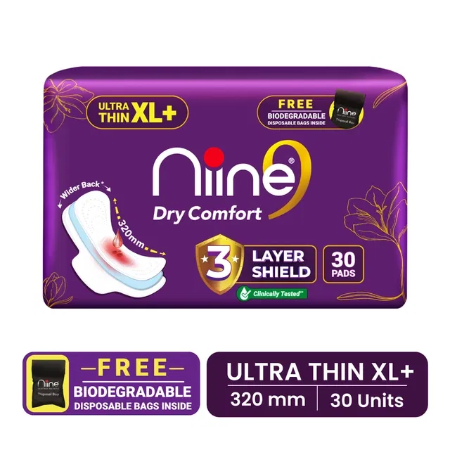 Niine Dry Comfort Ultra Thin  XL+, 30 Pads with Free Biodegradable bags