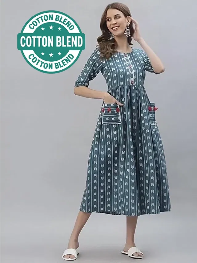 Cotton Printed Anarkali Kurti for Women (Teal, M)