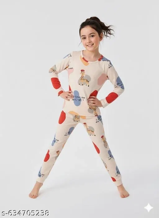 Cotton Blend Night Suit for Girls (Cream, 12-13 Years)