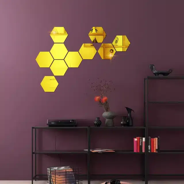 Acrylic Hexagon Shaped Wall Mirror Stickers (Gold, Pack of 10)