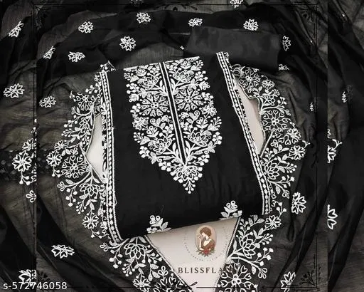 Cotton Punjabi/All Over Suits Semi-Stitched Suits for Women (Black, Un Stitched)