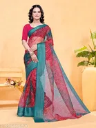 Linen Zari Checks Bandhani Printed Organza Saree for Women 
