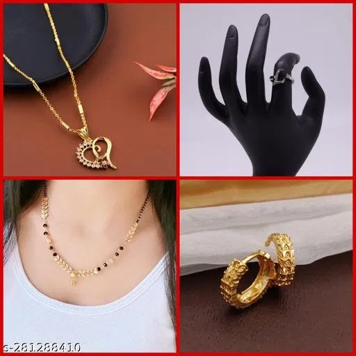 Combo of Alloy Mangalsutra, Pendant, Ring & 1 Pair Earrings for Women (Multicolor, Set of 4)
