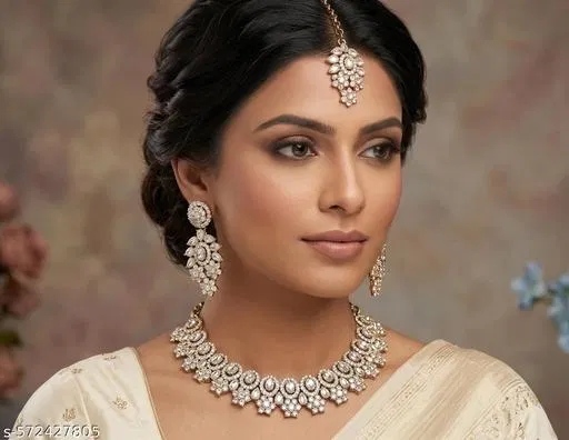 Dazzling Blend of golden Crystals and premium colour Kundan Partywear Necklace Set for Women (White, Free Size)